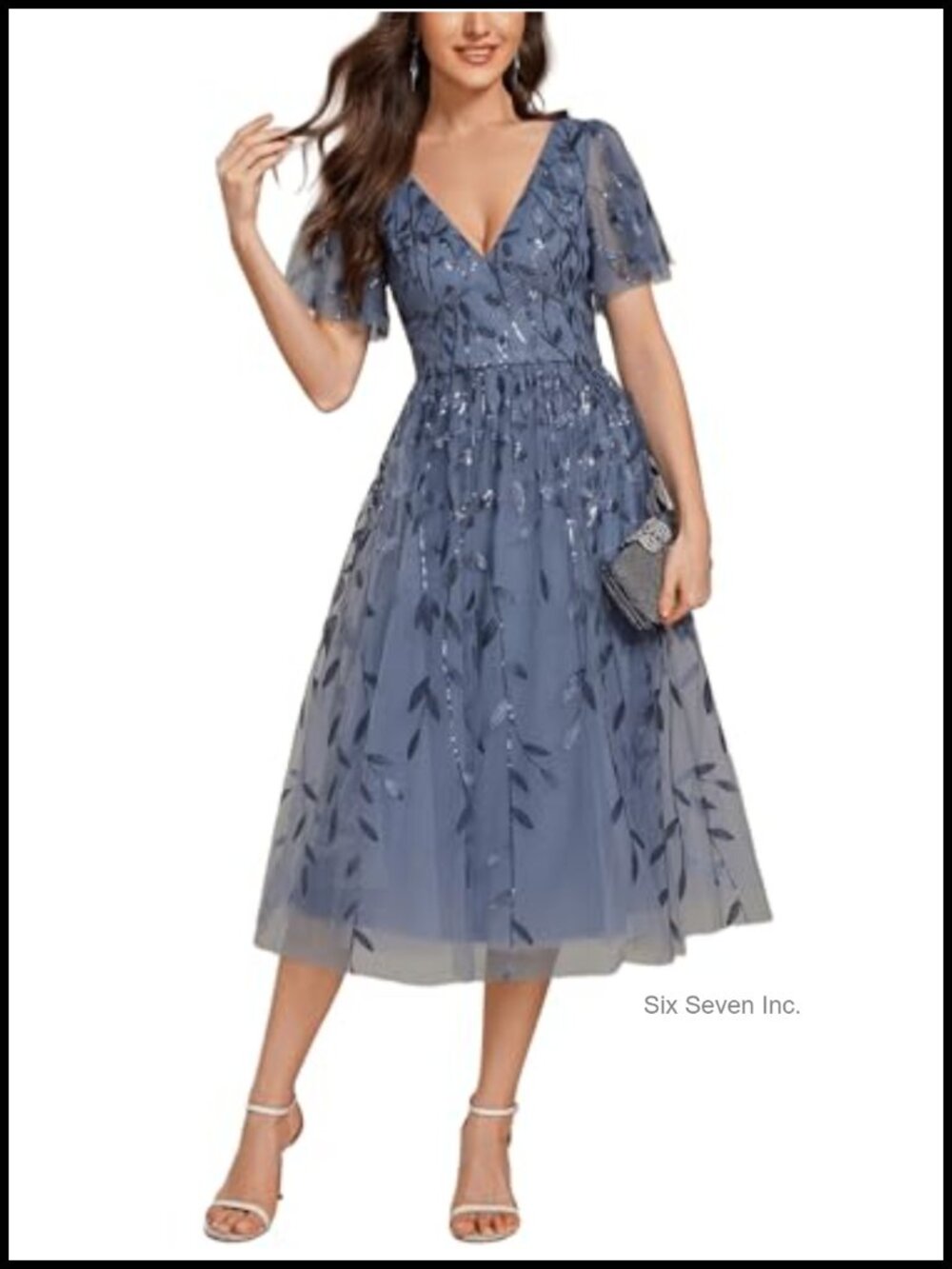 Midi Sequin Embroidered Tulle A-Line V-Neck Short Sleeve Cocktail Dress